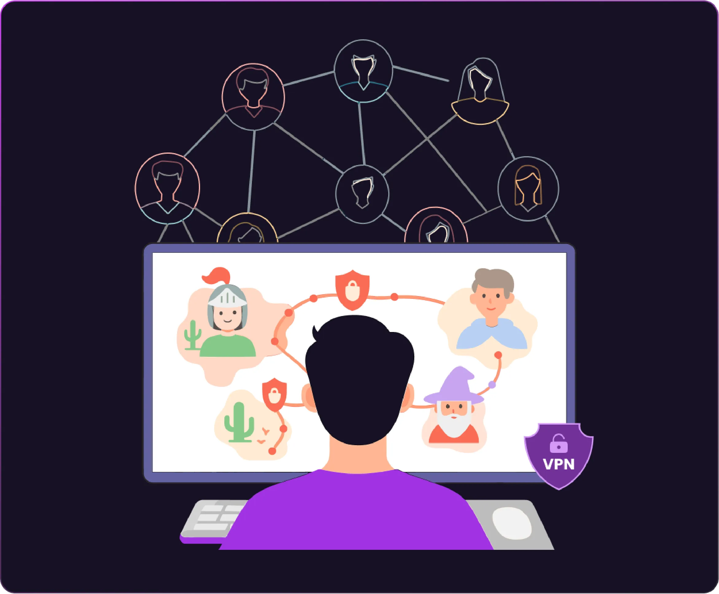 Illustration of a gamer using a VPN to connect securely with friends on a private World of Warcraft server, blocking unknown players from joining.